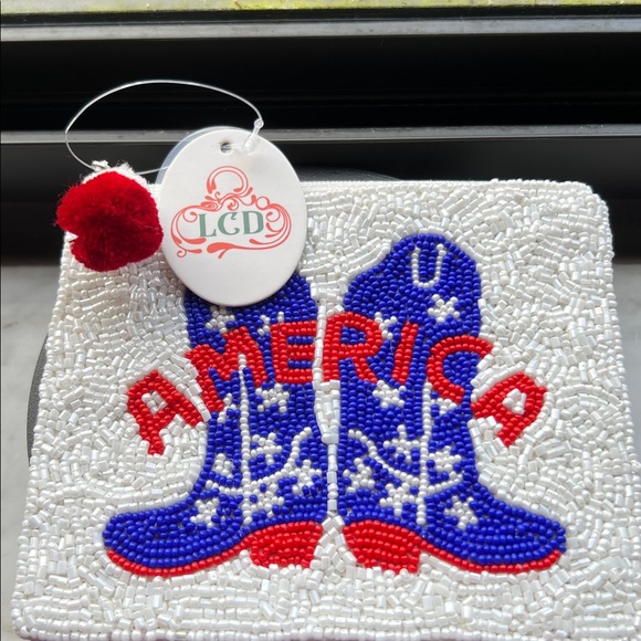 LCD Handbags - LCD HAND CRAFTED RED, WHITE and BLUE BEADED LIMITED QUANTITY ZIP POUCH